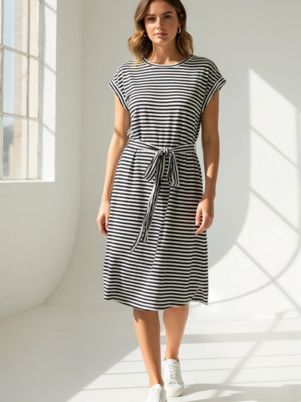 J.Crew Striped Tie-Waist Midi Dress in Black and White
